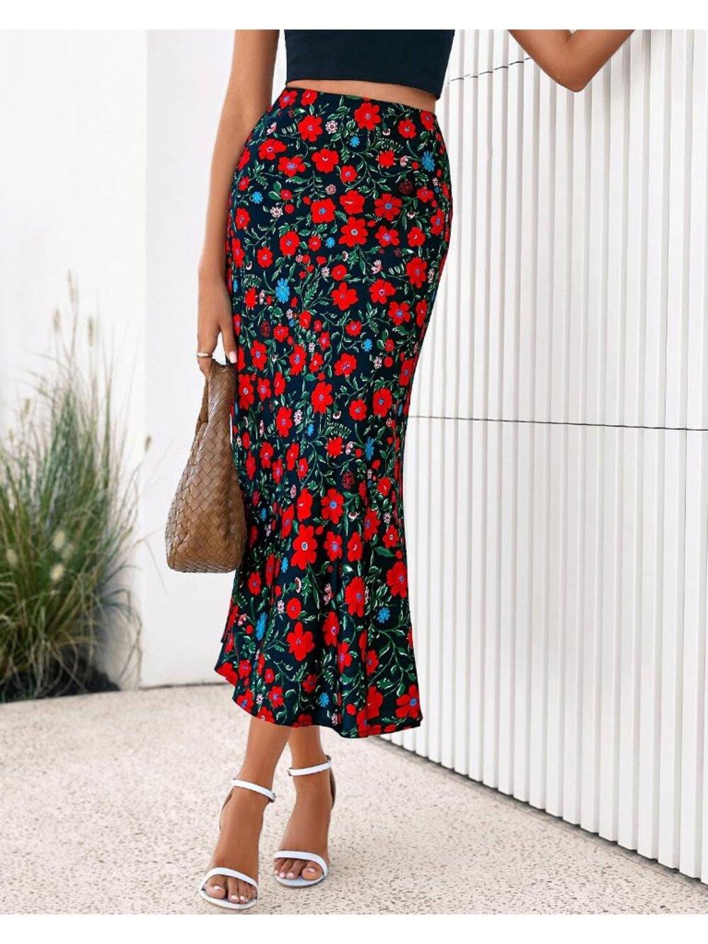 Women Floral Black Red High Waisted A-Line Silky Flowy Bias Cut Satin Midi Skirt - Picture 4 of 6
